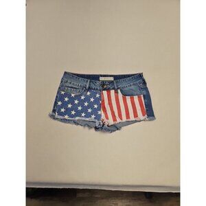 Bull Head Black American Flag Red White Blue Denim Shorty Shorts Size 1 Raw Hem
